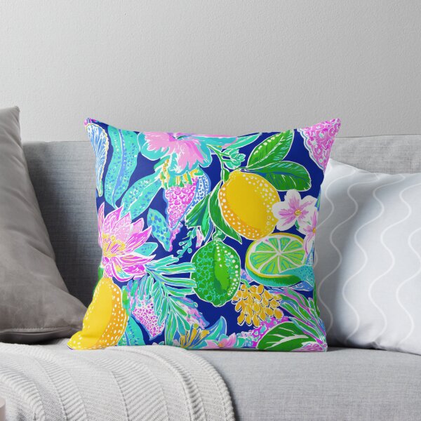 Item preview, Preppy lemons, flowers, tropical friuits in hot pink, neon green, turquoise and yellow on navy blue background designed and sold by SophieClimaArt.