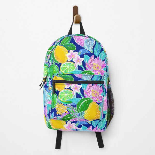 Item preview, Preppy lemons, flowers, tropical friuits in hot pink, neon green, turquoise and yellow on navy blue background designed and sold by SophieClimaArt.