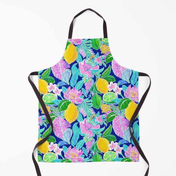 Item preview, Preppy lemons, flowers, tropical friuits in hot pink, neon green, turquoise and yellow on navy blue background designed and sold by SophieClimaArt.