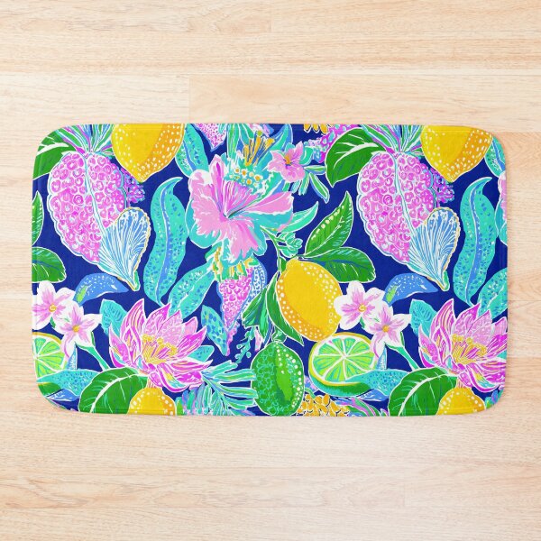 Item preview, Preppy lemons, flowers, tropical friuits in hot pink, neon green, turquoise and yellow on navy blue background designed and sold by SophieClimaArt.