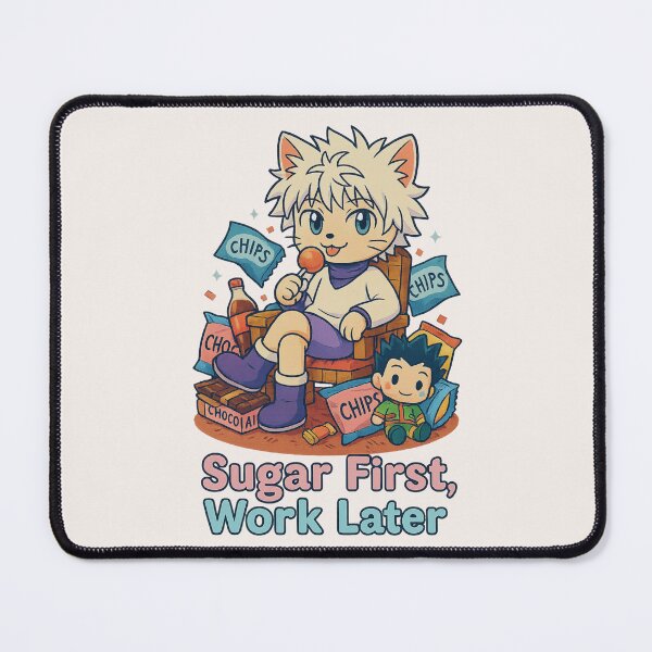 Artikelvorschau, Erst Zucker, dann Arbeit – Chibi-Katze Killua-Parodie entworfen und verkauft von NyxVerse-Studio.