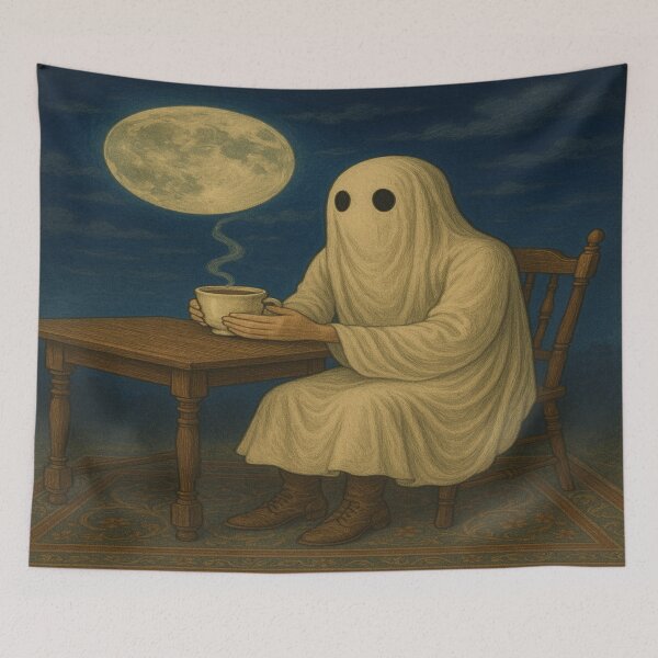 Item preview, Cozy Ghost Coffee Moment – Vintage Full Moon Illustration designed and sold by Lustforvintage.