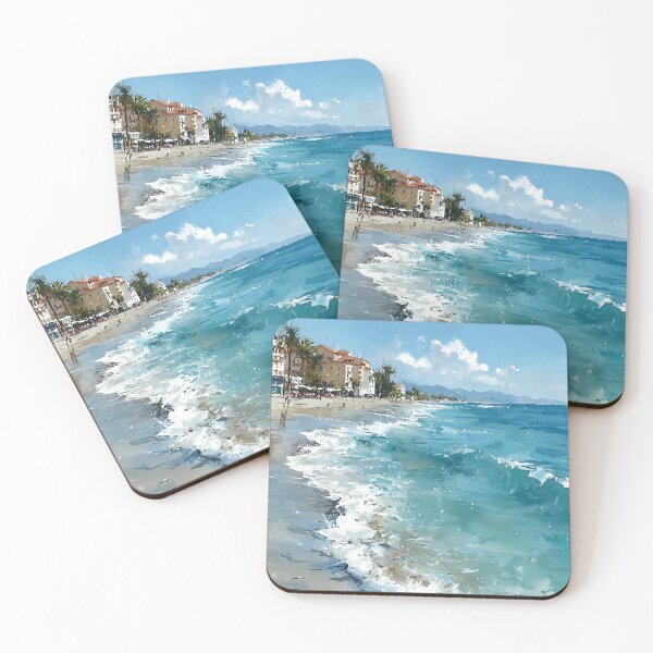 Item preview, beach, ocean, waves, palm trees, coastal, buildings, blue sky, seaside, sunny, scenic designed and sold by daila70.