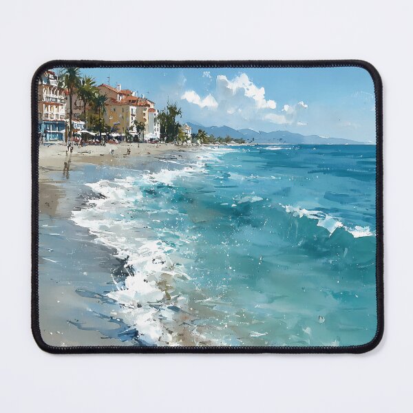 Item preview, beach, ocean, waves, palm trees, coastal, buildings, blue sky, seaside, sunny, scenic designed and sold by daila70.