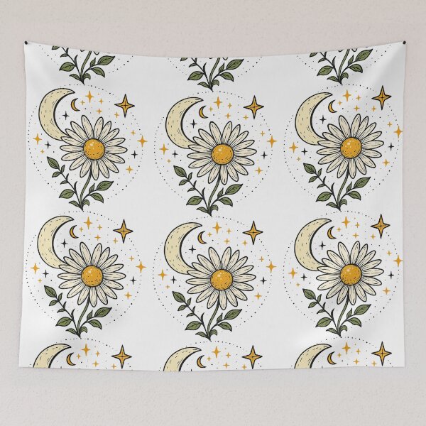 Item preview, Whimsical Moon and Daisy Flower Night Art designed and sold by ArtfulWeave.