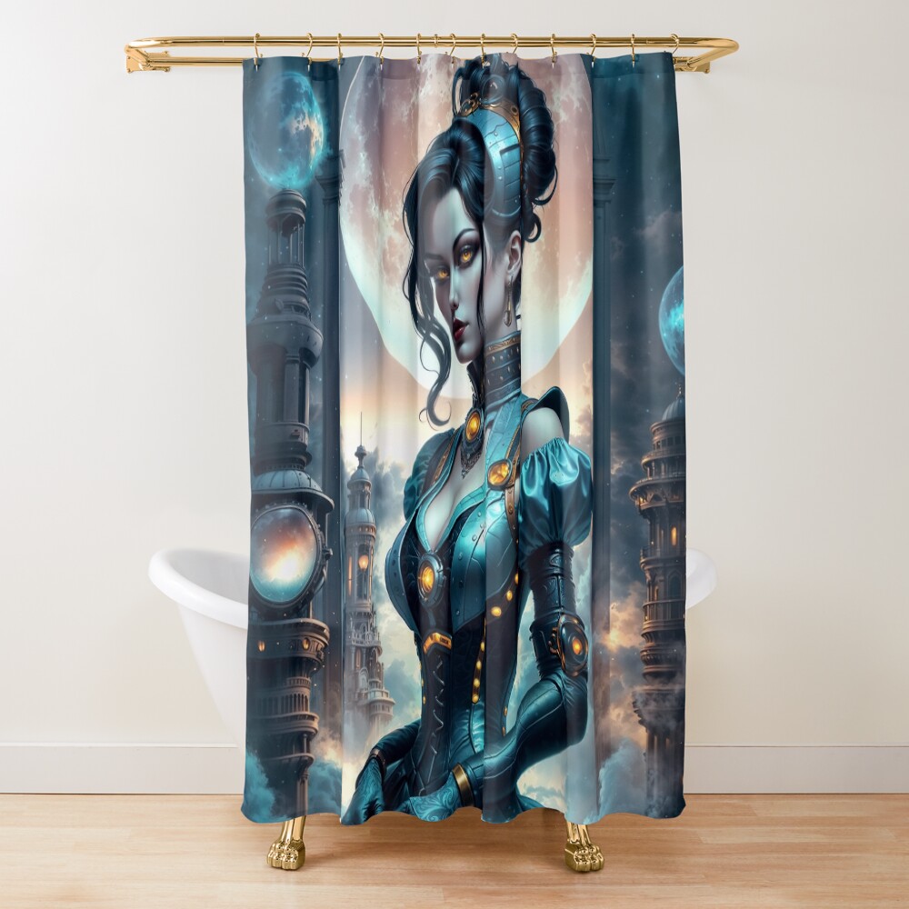 An Ethereal Steampunk Beauty Amidst A Fantasy Victorian Cityscape Stunning AI Concept Art by Xzendor7 Decorative Art Print Shower Curtain