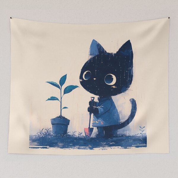 Item preview, Black kitty gardener designed and sold by WoollenLlama.