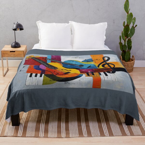 Item preview, Dynamic Abstract Composition of Violins and Piano Keyboard with Bold Treble Clef in Vibrant Hues designed and sold by OlfactoART Studio.