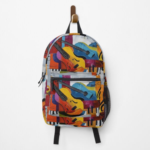 Item preview, Dynamic Abstract Composition of Violins and Piano Keyboard with Bold Treble Clef in Vibrant Hues designed and sold by OlfactoART Studio.