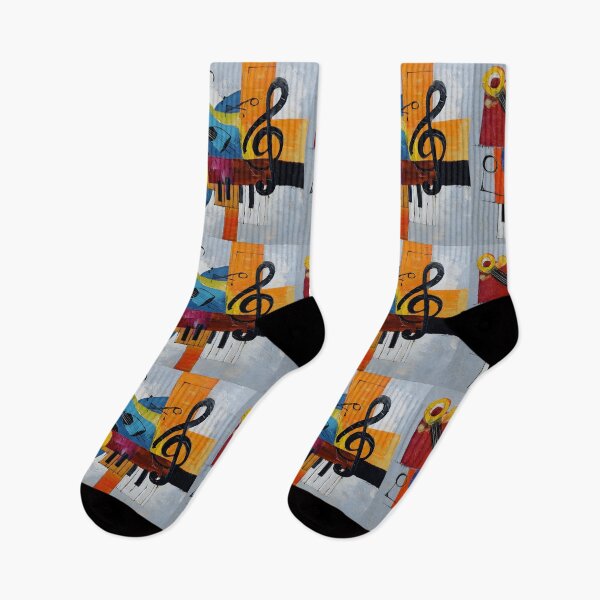 Item preview, Dynamic Abstract Composition of Violins and Piano Keyboard with Bold Treble Clef in Vibrant Hues designed and sold by OlfactoART Studio.