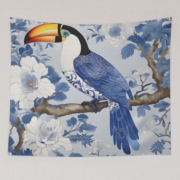 Item preview, Blue and white chinoiserie toucan designed and sold by SophieClimaArt.