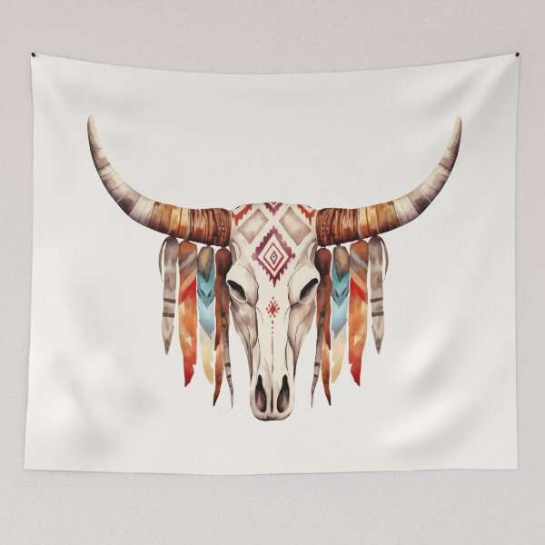 Item preview, Boho Bull Skull Feather Art Western Cow Skull Aesthetic Print designed and sold by Parkerzz.