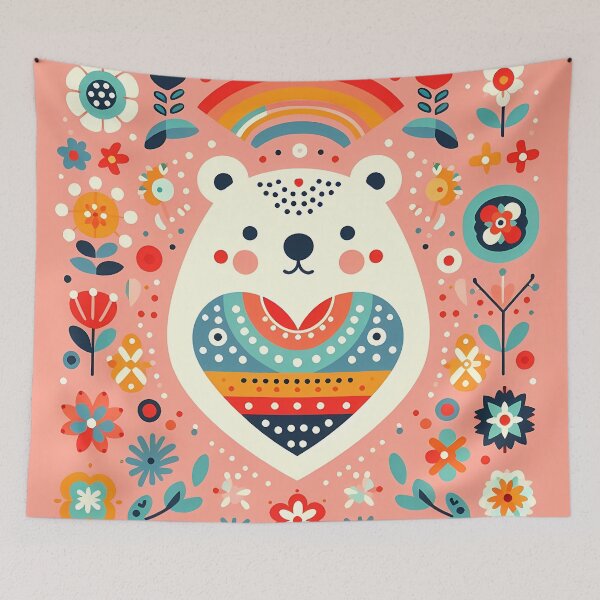 Item preview, Cute Polar Bear Heart with Rainbow - Scandinavian Folk Art by heidiannemorris © designed and sold by FOLK ART FUSION by heidiannemorris.