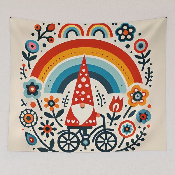 Item preview, Rainbow Gnome on Bicycle - Scandinavian Folk Art by heidiannemorris © designed and sold by FOLK ART FUSION by heidiannemorris.