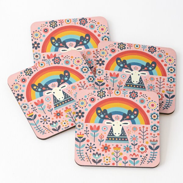 Item preview, Rainbow Moose with Flowers - Scandinavian Folk Art by heidiannemorris © designed and sold by FOLK ART FUSION by heidiannemorris.
