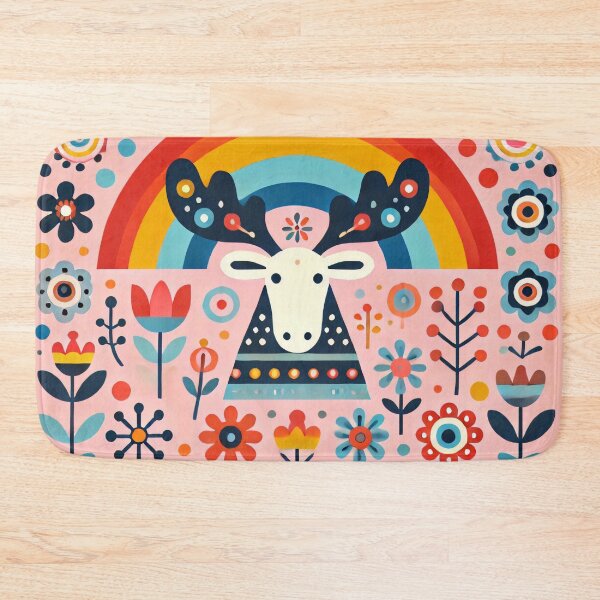 Artikelvorschau, Regenbogen-Elch mit Blumen - Skandinavische Volkskunst von heidiannemorris © entworfen und verkauft von FOLK ART FUSION by heidiannemorris.
