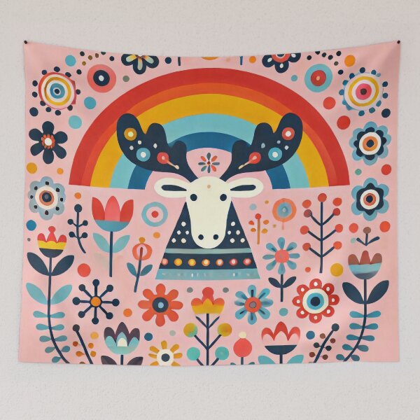 Item preview, Rainbow Moose with Flowers - Scandinavian Folk Art by heidiannemorris © designed and sold by FOLK ART FUSION by heidiannemorris.