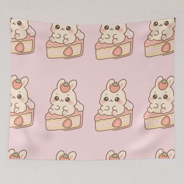 Item preview, A chubby kawaii bunny sitting inside a strawberry cake  designed and sold by mokato.