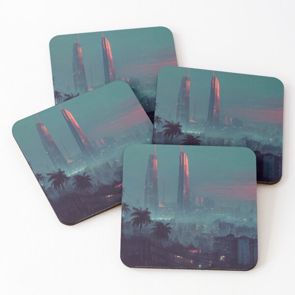 Item preview, Sunset Over Futuristic City with Neon Fog and Palm Trees designed and sold by Carlos Monteiro.