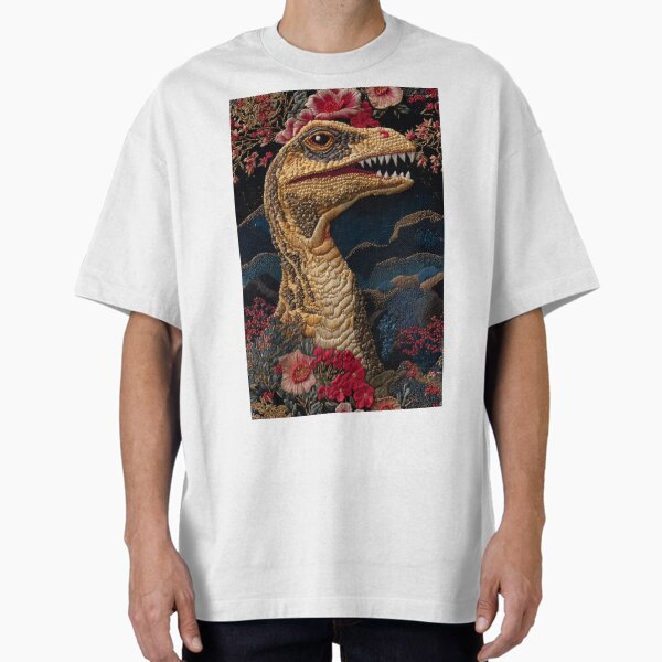 Item preview, Tissu floral imitation dinosaure brodé Velociraptor endormi designed and sold by Nicholas Panek.