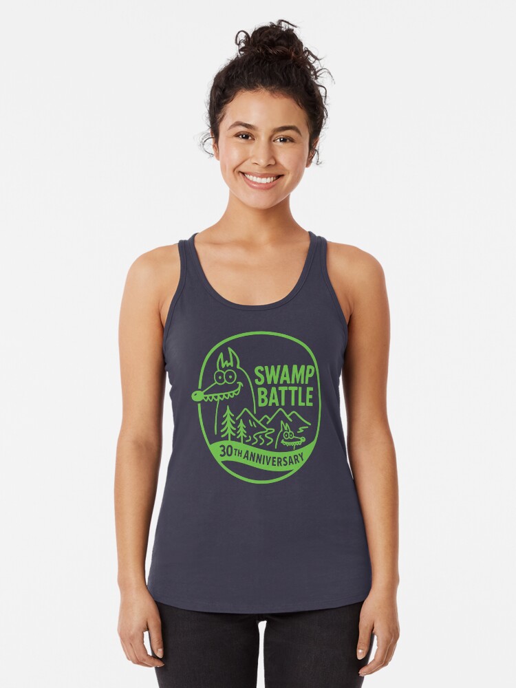 Thumbnail 1 of 3, Racerback Tank Top, Swamp Battle - Green designed and sold by MrFunGnome.