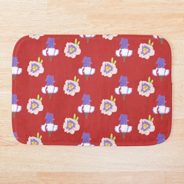 Aperçu de l'œuvre Motif floral au crayon de couleur – Iris et hémérocalles sur fond rouge chaud créée et vendue par DLawsonDesigns.