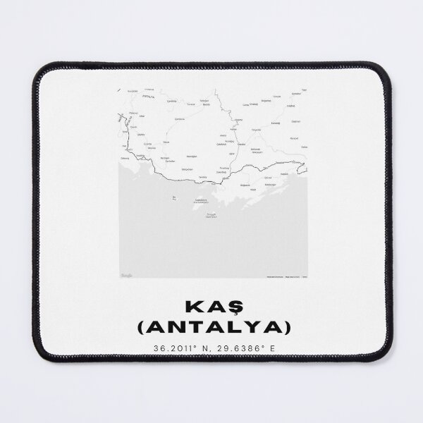 Aperçu de l'œuvre Carte minimaliste de Kaş – Impression d'art noir et blanc d'une ville méditerranéenne créée et vendue par RM-Journey.