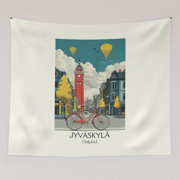 Item preview, Jyväskylä Finland Vintage Travel Poster | Retro City & Bicycle Art designed and sold by TuncGK.