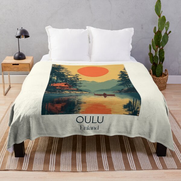 Item preview, Oulu Finland Vintage Travel Poster | Lakeside Cabin Retro Sunset Art designed and sold by TuncGK.
