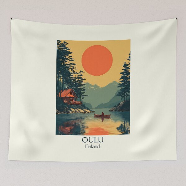 Item preview, Oulu Finland Vintage Travel Poster | Lakeside Cabin Retro Sunset Art designed and sold by TuncGK.