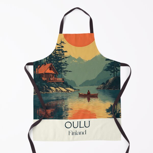 Aperçu de l'œuvre Affiche de voyage vintage d'Oulu, Finlande | Cabane au bord du lac, art rétro au coucher du soleil créée et vendue par TuncGK.