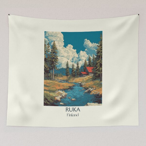 Item preview, Ruka Finland Vintage Travel Poster | Kuusamo Cabin & River Art designed and sold by TuncGK.