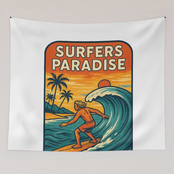 Item preview, Surfer Riding Wave at Sunset in Surfers Paradise, Queensland designed and sold by Aryabek.