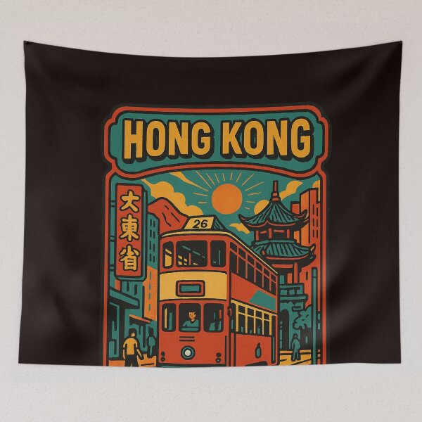 Item preview, Vintage Tram and Pagoda at Sunset in Hong Kong designed and sold by Aryabek.