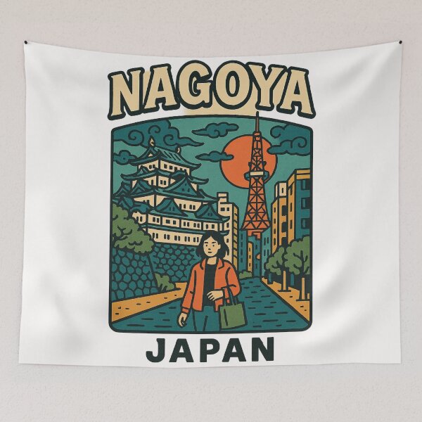 Item preview, Nagoya Castle and TV Tower Retro Sunset Poster, Japan designed and sold by Places On Earth.