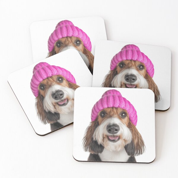 Item preview, Cozy Grand Basset Griffon Vendéen dog Wearing Pink Winter Hat Trendy Animal Fashion Artwork designed and sold by LazyOwlStore.