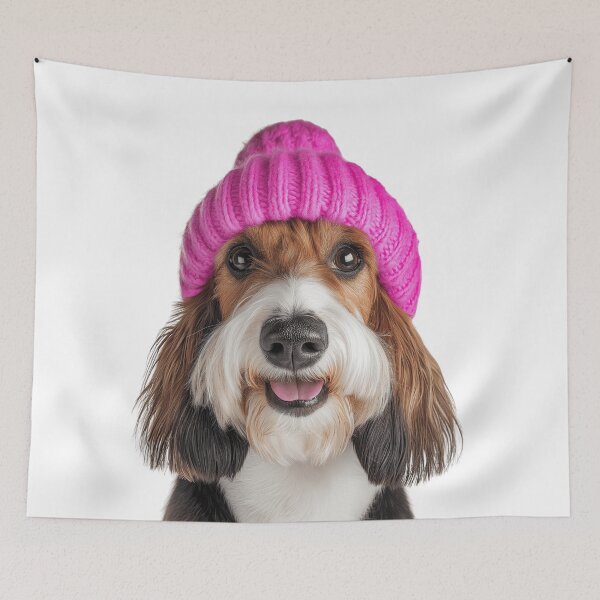 Item preview, Cozy Grand Basset Griffon Vendéen dog Wearing Pink Winter Hat Trendy Animal Fashion Artwork designed and sold by LazyOwlStore.