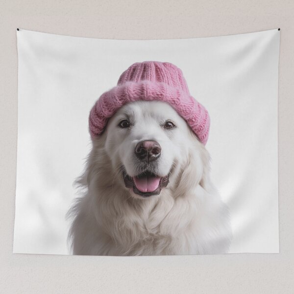 Item preview, Cozy Great Pyrenees dog Wearing Pink Winter Hat Trendy Animal Fashion Artwork designed and sold by LazyOwlStore.