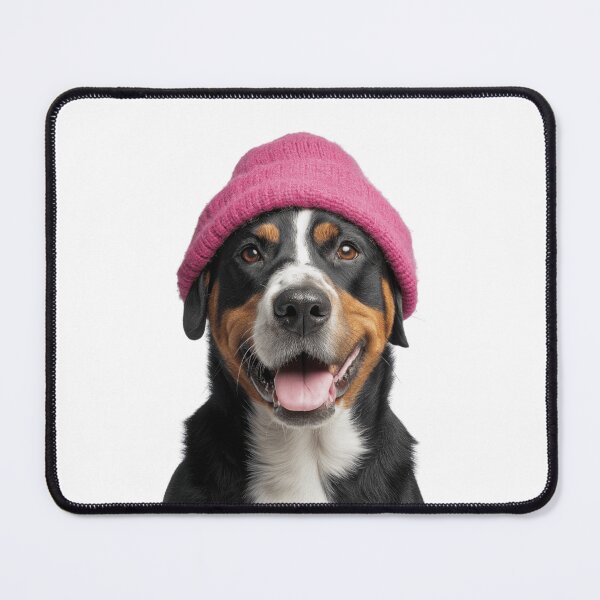 Item preview, Cozy Greater Swiss Mountain Dog Wearing Pink Winter Hat Trendy Animal Fashion Artwork designed and sold by LazyOwlStore.