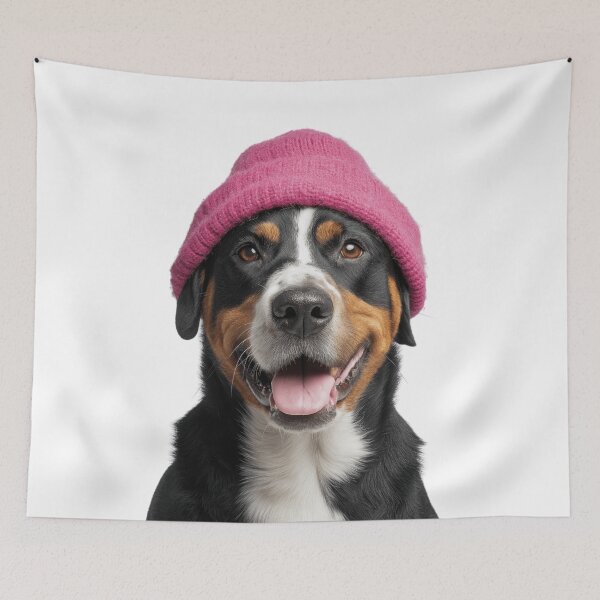 Item preview, Cozy Greater Swiss Mountain Dog Wearing Pink Winter Hat Trendy Animal Fashion Artwork designed and sold by LazyOwlStore.