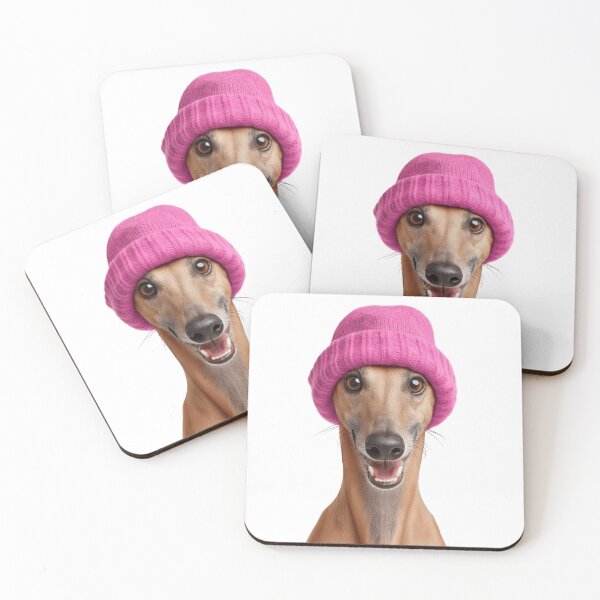 Item preview, Cozy Greyhound dog Wearing Pink Winter Hat Trendy Animal Fashion Artwork designed and sold by LazyOwlStore.