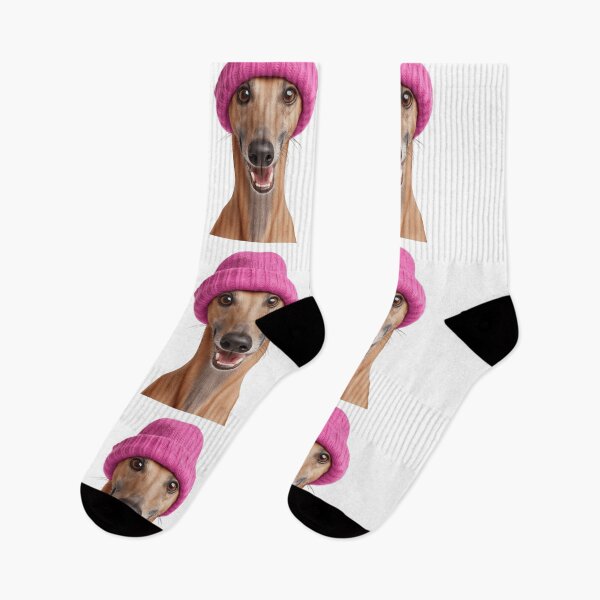 Item preview, Cozy Greyhound dog Wearing Pink Winter Hat Trendy Animal Fashion Artwork designed and sold by LazyOwlStore.