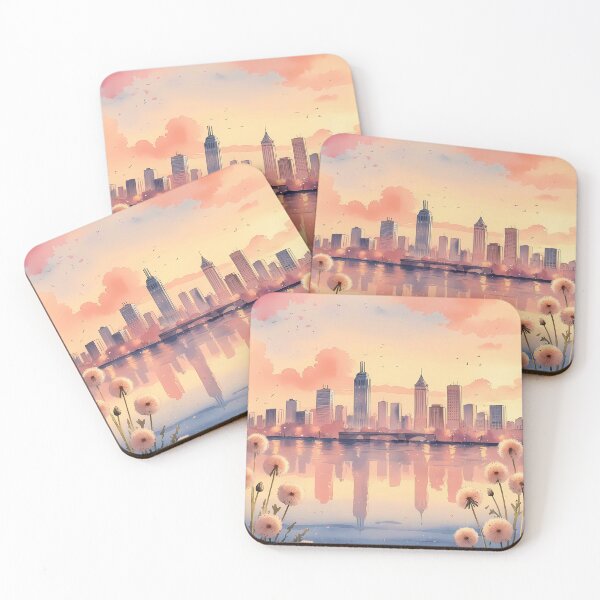 Item preview, Dandelion Dreams Over Dusk Skyline – Soft Watercolor Cityscape designed and sold by Mos Thainique.