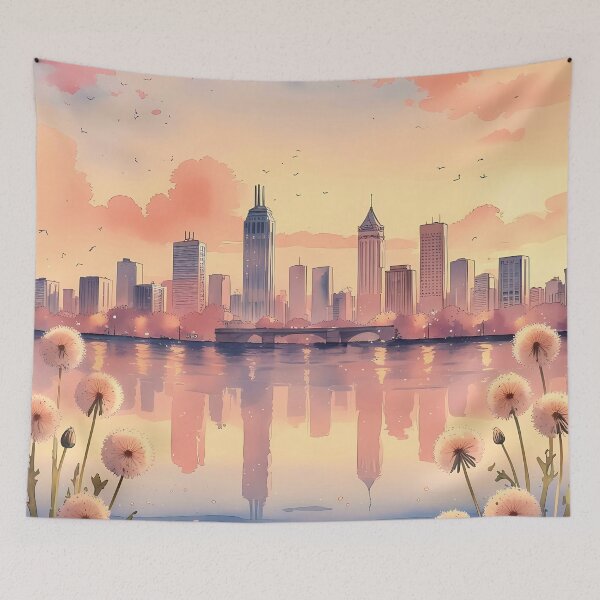 Item preview, Dandelion Dreams Over Dusk Skyline – Soft Watercolor Cityscape designed and sold by Mos Thainique.