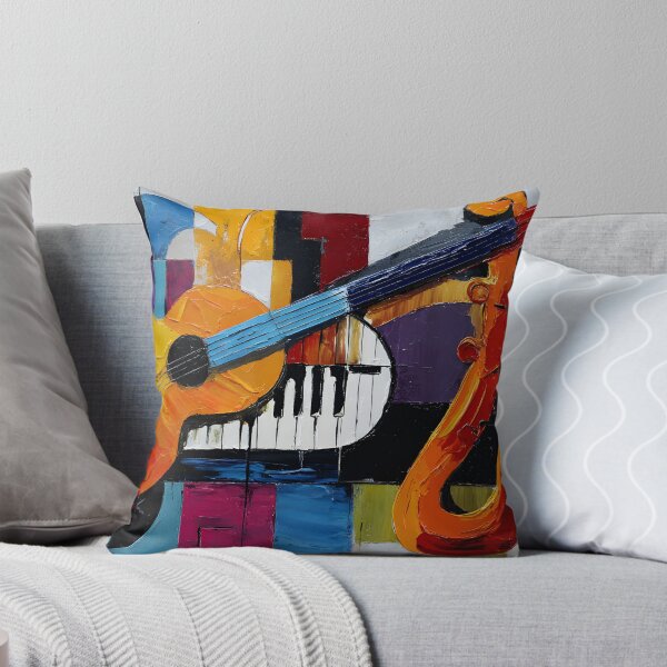 Artikelvorschau, Lebendige abstrakte Komposition mit Gitarre, Saxophon und Klaviertasten, geometrischen Formen entworfen und verkauft von OlfactoART Studio.
