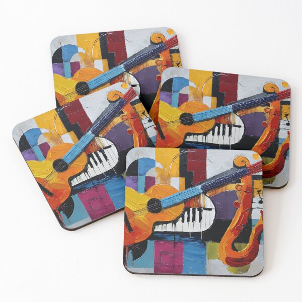 Item preview, Vibrant Abstract Composition Featuring Guitar Saxophone and Piano Keys Geometric Shapes designed and sold by OlfactoART Studio.