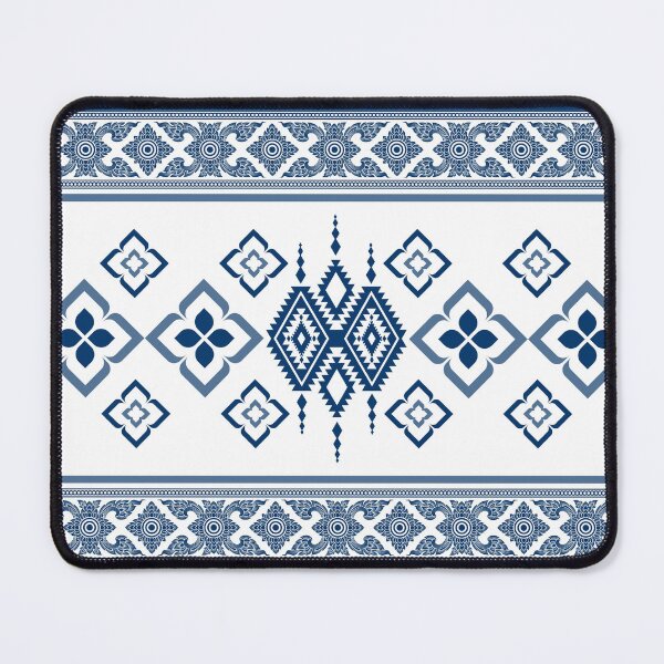 Item preview, Thai silk fabric patterns in white and blue, with floral patterns and Thai scroll patterns, are beautiful and elegant. designed and sold by KanDa-Shop.