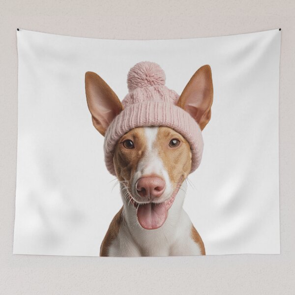 Item preview, Cozy Ibizan Hound dog Wearing Pink Winter Hat Trendy Animal Fashion Artwork designed and sold by LazyOwlStore.