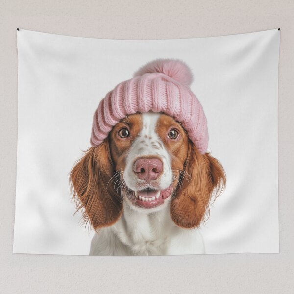 Item preview, Cozy Irish Red and White Setter dog Wearing Pink Winter Hat Trendy Animal Fashion Artwork designed and sold by LazyOwlStore.
