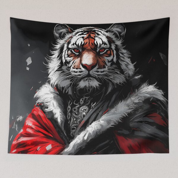 Item preview, Wild Animal Royal Tiger Warrior Wearing Red Cape And Holding Staff Against Dark Backdrop designed and sold by odcpappels.